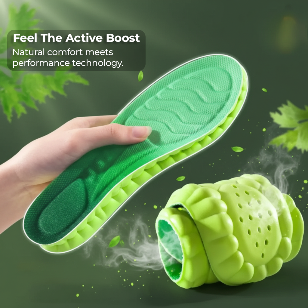 A hand holding the flexible green Stepmastr Active Boost insole, demonstrating its natural comfort and performance technology.