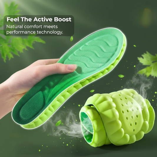 A hand holding the flexible green Stepmastr Active Boost insole, demonstrating its natural comfort and performance technology.