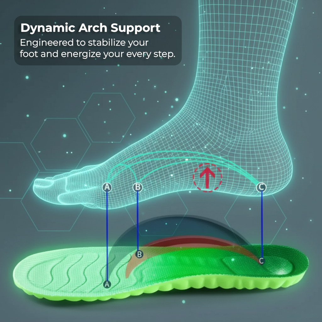 Wireframe diagram illustrating the dynamic arch support of Stepmastr Active Boost insoles to stabilize the foot and energize every step.