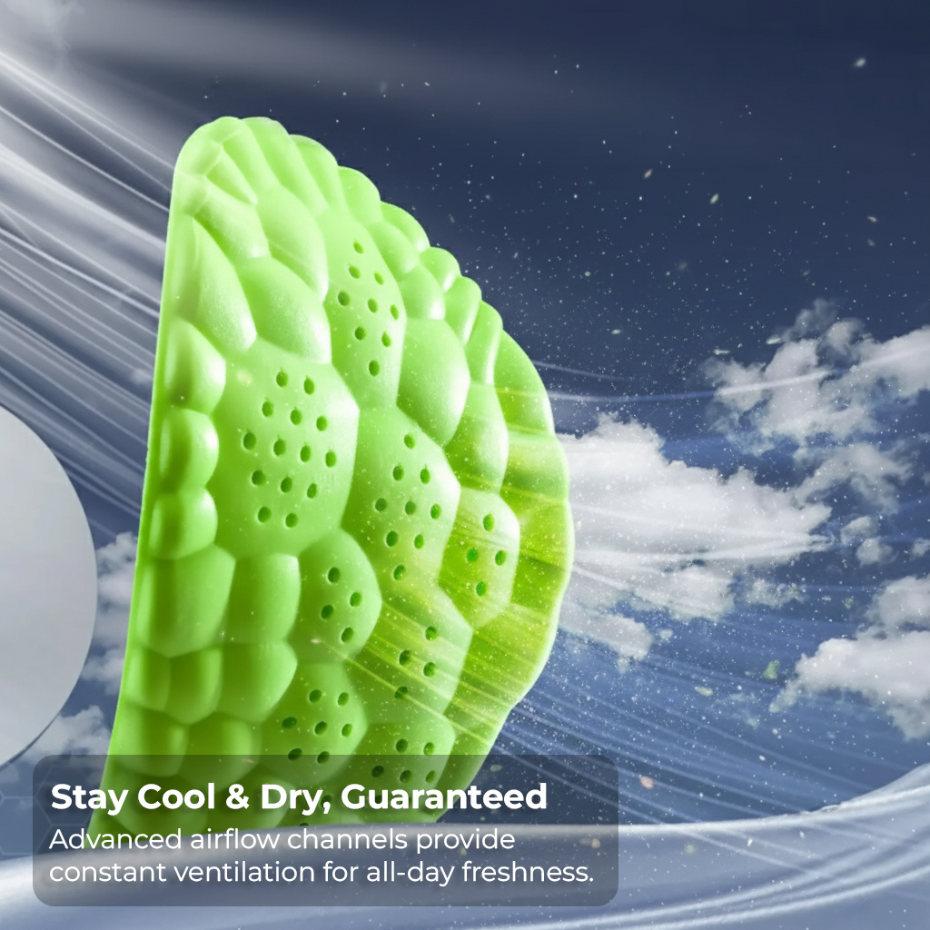 Close-up of the Stepmastr Active Boost insole's ventilation channels demonstrating how it keeps feet cool and dry.