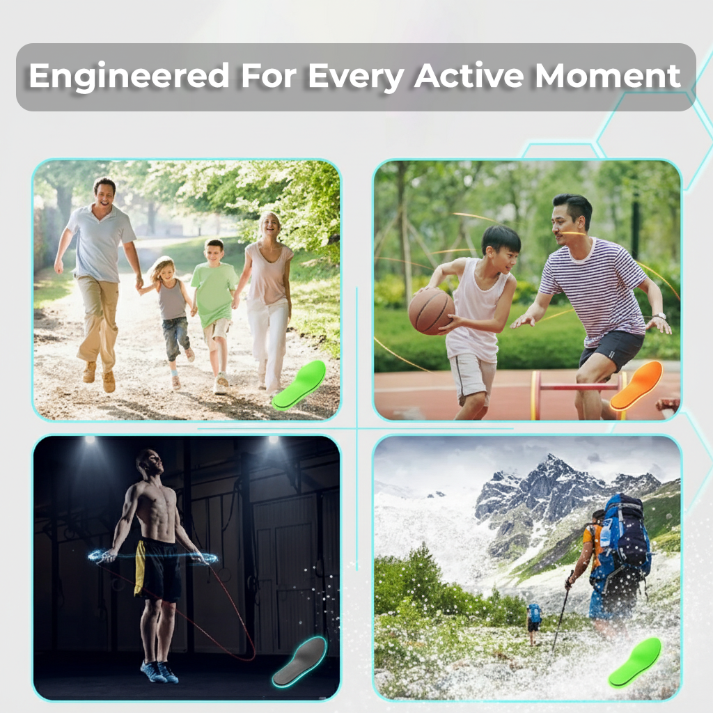 Collage showing Stepmastr insoles are engineered for every active moment, including family walks, basketball, gym workouts, and hiking.