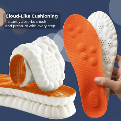 Stepmastr Relief Kinetic Insoles being held and bent to show the orange top, white honeycomb base, and flexible material for cloud-like cushioning.