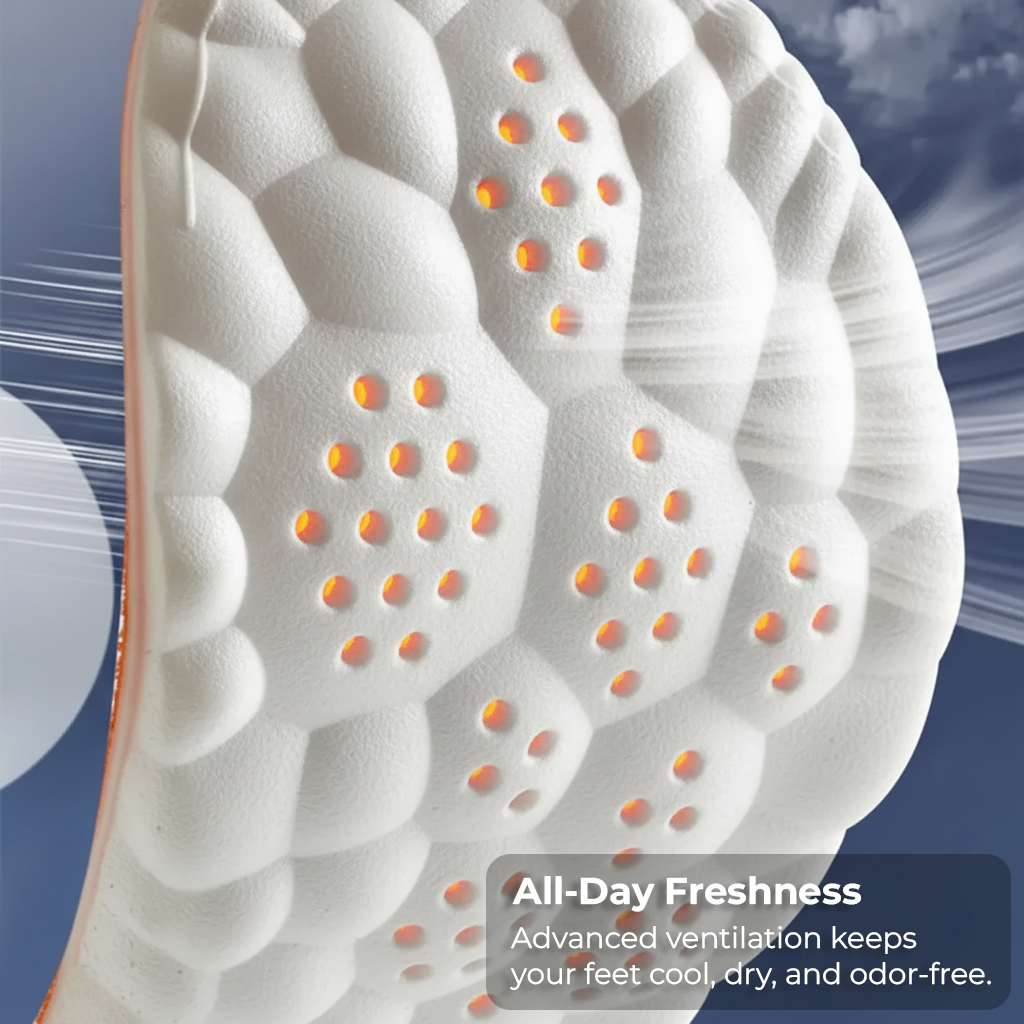 Close-up of the Stepmastr insole's honeycomb base with text overlay explaining All-Day Freshness and advanced ventilation.