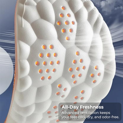 Close-up of the Stepmastr insole's honeycomb base with text overlay explaining All-Day Freshness and advanced ventilation.